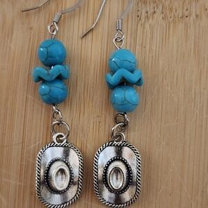 Hand Crafted Cowboy Hat Turquoise and Silver Dangle Earrings Western Cowgirl